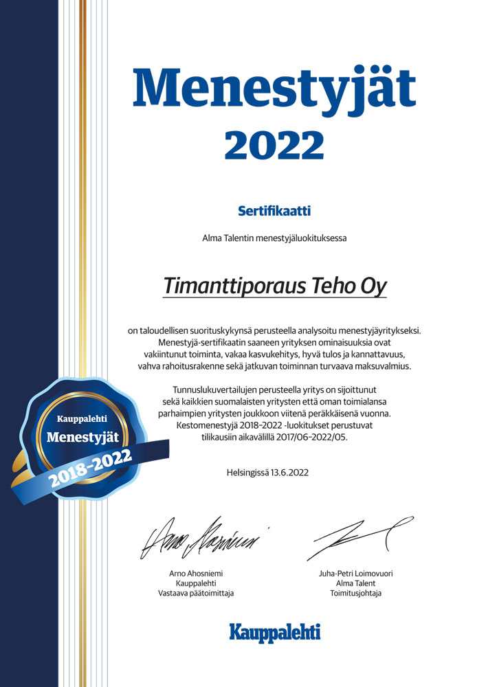 Timanttiporaus Teho Oy Kauppalehti Kestomenestyjät-sertifikaatti 2018-2022